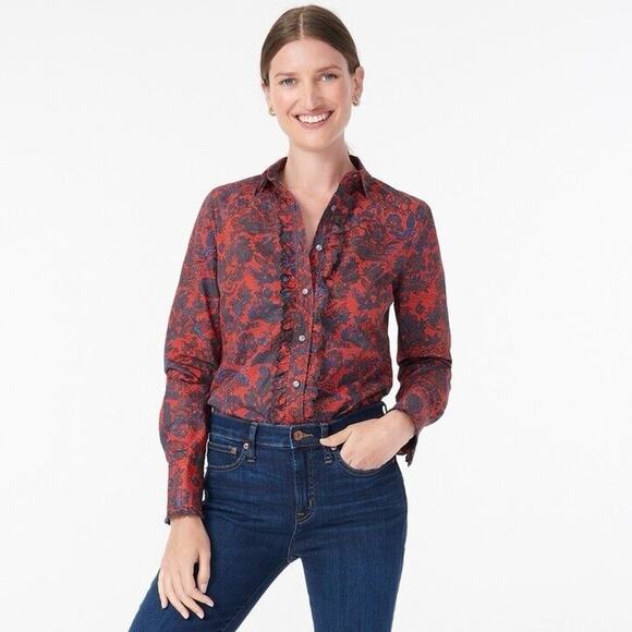 J. Crew Collection Scallop Ruffle Perfect Shirt Poinsettia Paisley Slim Size 0 - Picture 1 of 10
